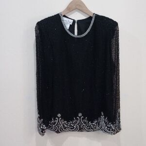 Vintage Lawrence Kazar Paris/New York Black Beaded Pearl Silk Blouse, Size 10